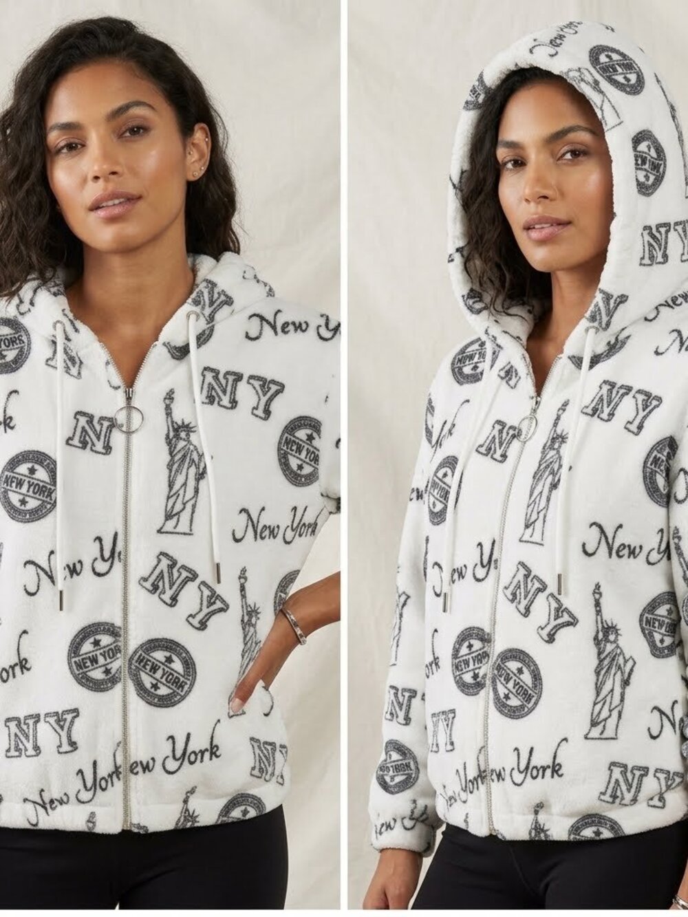 Angel Cult New York NYC Graphic All Over Print Fuzzy Zip Hoodie M